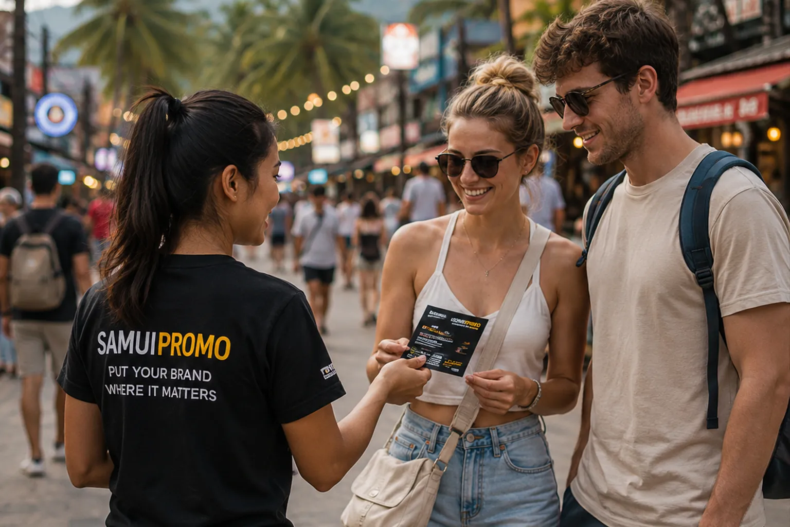 SamuiPromo promoter speaking with tourists in Koh Samui